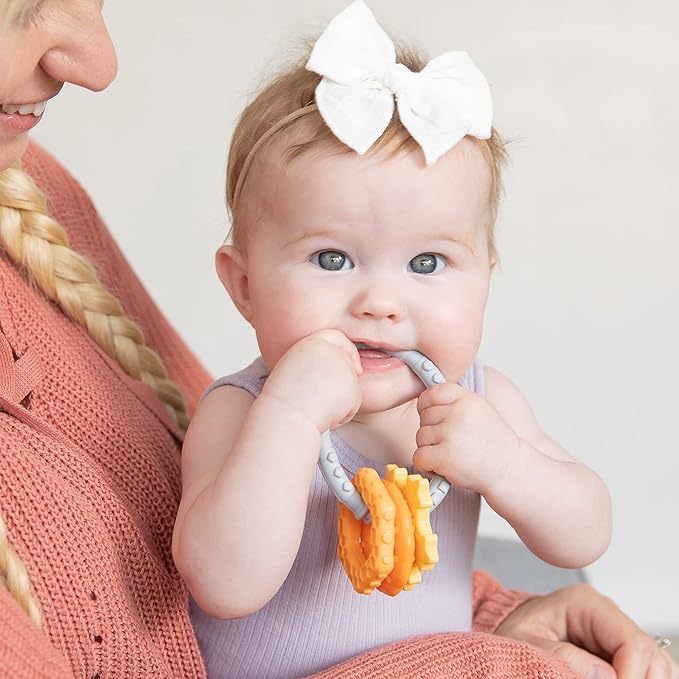 Bumkins Baby Teething Freezer Toy Keys Rings, Soft Flexible Pacifier to Chew, Cool Teether Gum Relief, Babies 3 Months, Freezable Platinum Silicone, Sensory Bracelet with Charms, Orange and Gray