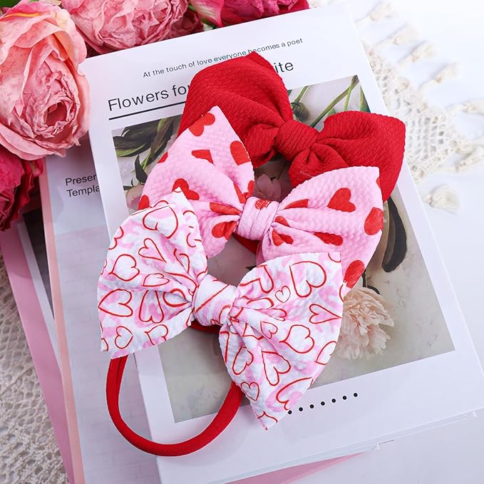 YanJie Bows for Baby Girls Nylon Headband Bows Newborn Headband Baby Hair Bow with Bows Girls Bows and Headband Hair Accessories Infant Toddler Pink Heart