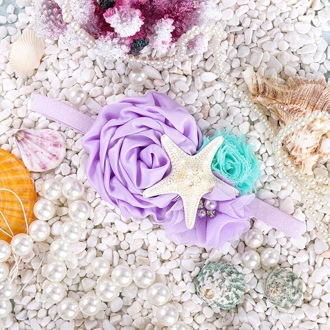YanJie Mermaid Headbands Baby Girl Bows Starfish Baby Girl Hair Accessories for Party Lavender Headbands Newborn Bows Aqua Glitter Mermaid Accessories
