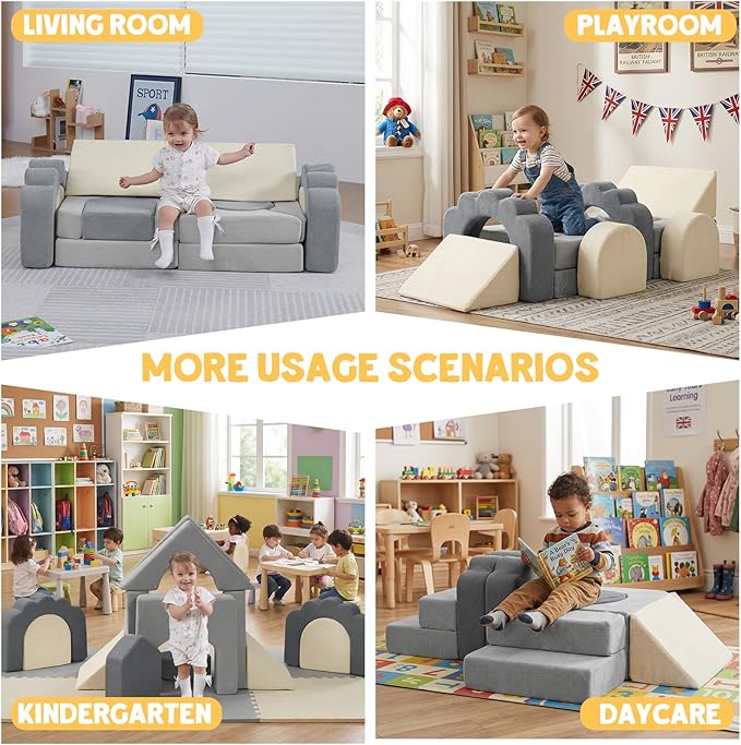 13 Pieces Foam Climbing Blocks for Toddlers 1-3|Kids Floral Soft Play Climbing for Indoor,Infant Modular Crawing Toys with Washable Cover for Playroom,Bedroom,Nursery and Preschool,Gray & Beige