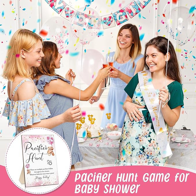 Roowest 51 Pcs Pacifier Hunt BabyShower Games Include Wooden Hunt Sign and 50 Acrylic Mini Plastic Pacifiers for BabyShower Game Decoration Gift Sets Gender Reveal Party(Bear,Pink)
