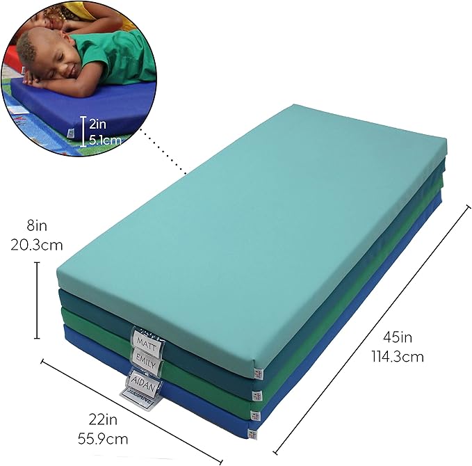 FDP SoftScape Sleepy Time Children's Non-Folding Foam Rest Nap Mat with Non-Slip Bottom for Home, Daycares, Classrooms, 2 inch Thick with Name Tag Holder (4-Pack)