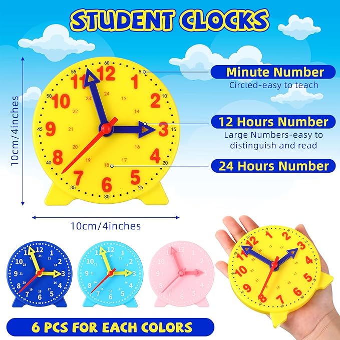 Batiyeer 24 Pcs Teaching Clock Kit for Kids to Tell Time Teaching Mini Geared Clock for Kids Basic Math Development Teacher and Classroom Supplies, 4 Inch(Dark Blue, Yellow, Pink, Sky Blue)