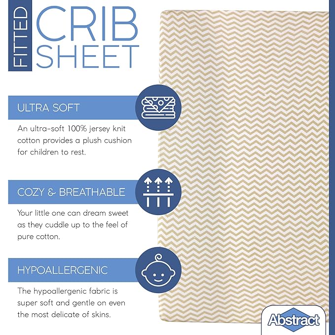 Pack n Play Fitted Sheet – Super Soft, 100% Natural Jersey Cotton – 27” x 39” – for Boys and Girls, Fits Pack n Play, Playard and Foldable Mattresses - Covered Elastic Hem – Zigzag Beige