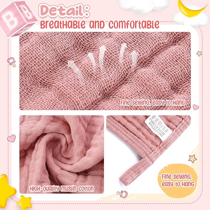 Breling 12 Pcs Muslin Hooded Baby Bath Towel, Hand Towels and Washcloth Set, 36"x 36" Cotton Newborn Bath Towel Cotton Absorbent Blanket Unisex Newborn Gift Essentials for Girl Boy (Pink Series)