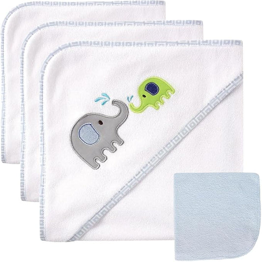 Luvable Friends Unisex Baby Hooded Towel and Washcloth, Blue Elephant, One Size (Pack of 3)