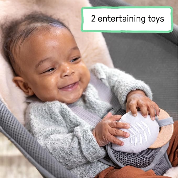 Ingenuity Every Season 2-in-1 Baby Rocker & Seat - Cooling and Warming Fabrics, Detachable Sustainable Wooden Activity Bar, Music, Vibration, for Ages 0-30 Months, Wesley (Grey)