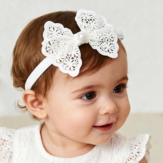 Baby Girls Hairbands bows Headband Stretchy Soft Flower Hairband Toddler Handmade Headbands with Pearls Elastic Headband for Infant Toddler Girl Hair Accessories (Hollow Bow, Elastic)