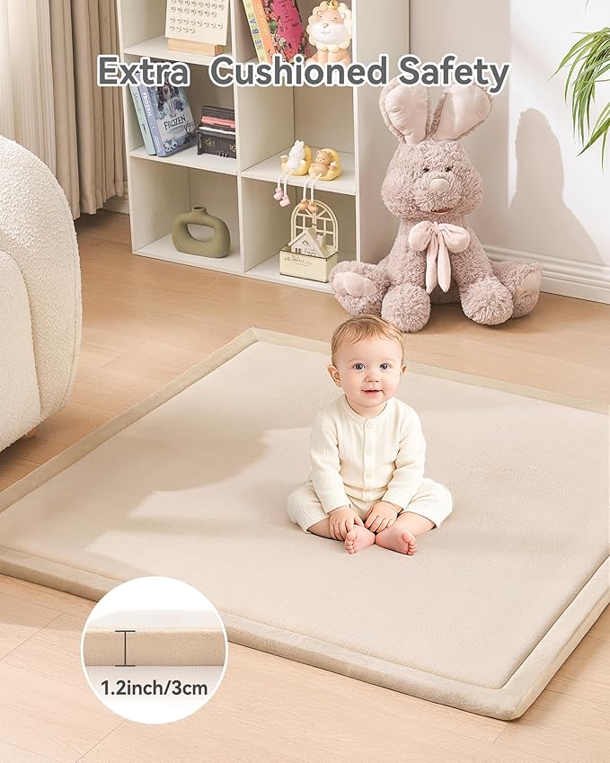 Baby Play Mat for Floor, 1.2" Thick Memory Foam 50"×50" Playpen Mat for Kids, Infants, Toddlers - Soft, Durable Baby Crawling Mat for Tummy Time, Sitting with Non-Slip Bottom (Beige)