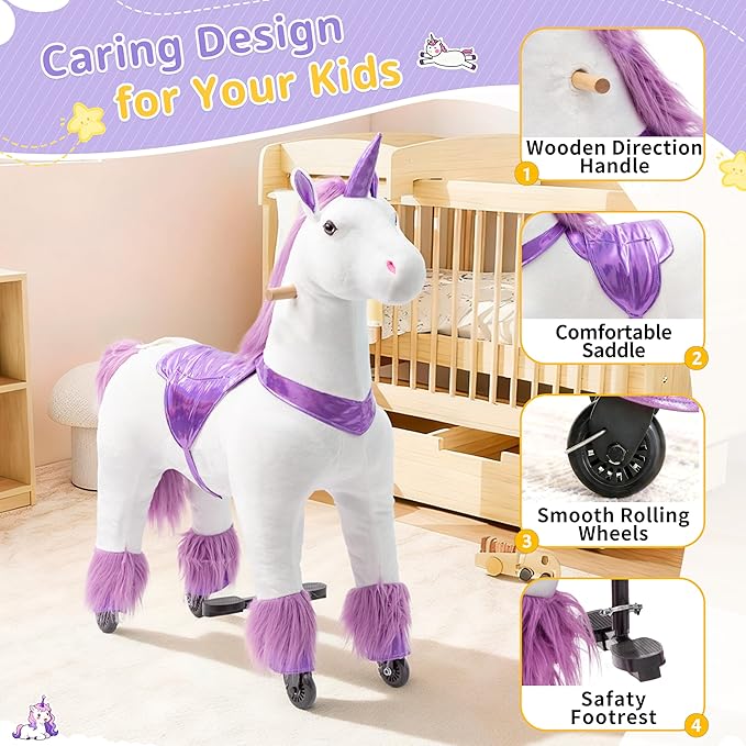 Pipleo Ride on Unicorn on Toys, Unicorn Ride on for Girls 6 to Adult, Ride on Unicorn Toys, Unicorn Rider Mechanical Walking Action Plush Animal, No Battery or Electricity,Max Load 187 LBS - Purple