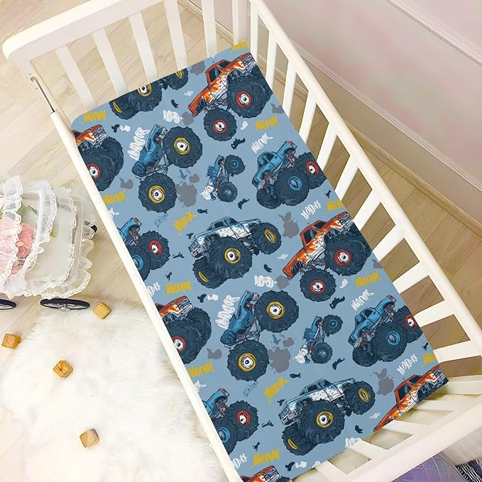 Baby Crib Sheet Monster Truck Cars Crib Mattress for Boys and Girls Playard Sheet Soft Breathable Fitted Baby Mattress Cover 52x28in
