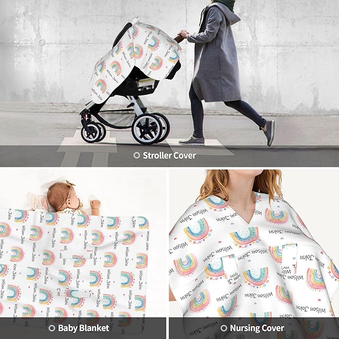 Personalized Winter Car Seat Covers for Babies with Name Rainbow Minky Baby Car Seat Cover for Boys Girls Custom Infant Carseat Covers Baby Blanket Nursing Cover Breastfeeding Scarf