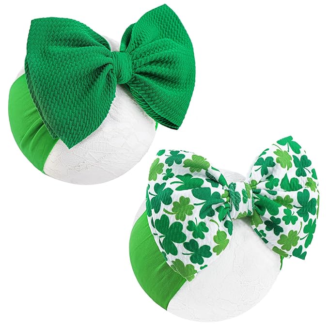 HAIRBAND, St.Patrick's Day Hair Accessories for Infant Baby Girls, Green Headbands with Bows, Shamrock Print, Nylon Hairbands, 2 Count