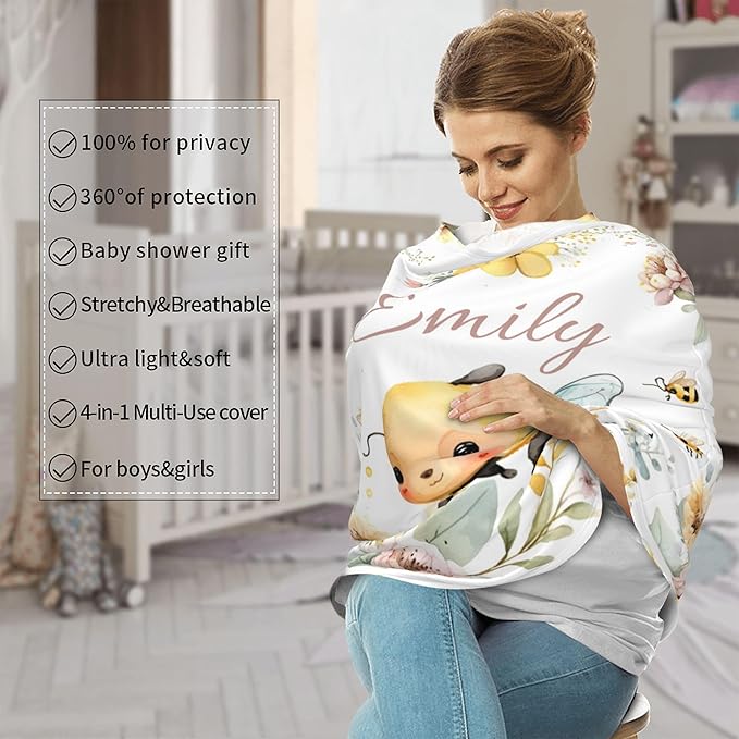 Personalized Bee Baby Car Seat Cover with Name,Multi-Use Canopy for Nursing, Strollers,Shopping Carts,Customized Breastfeeding Cover, Full Privacy,Infant Stroller Cover
