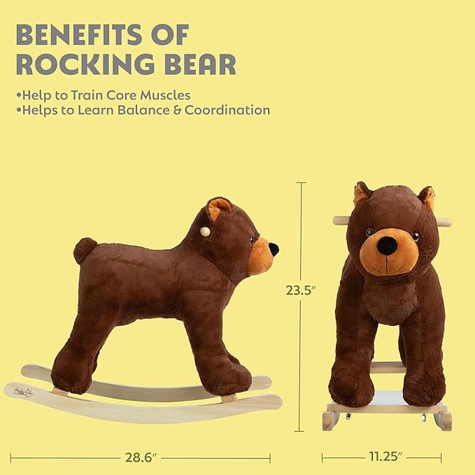 Rocking Horse - Plush Bear Animal Rocker - Toddler Ride on Toys for Ages 3 and Up - Wooden Rocking Horse - Ride on Toys by Happy Trails (Brown)