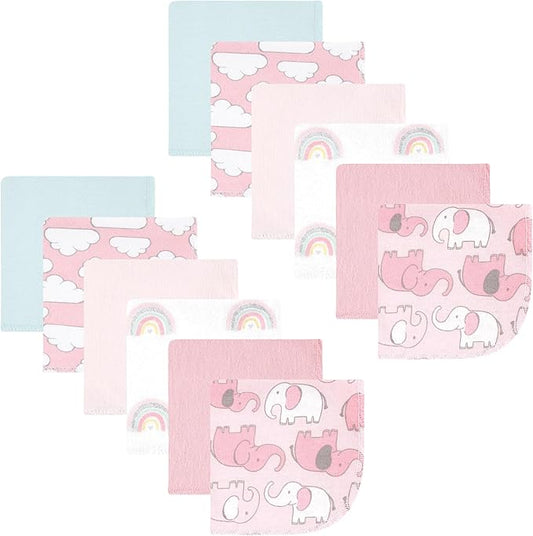 Hudson Baby Unisex Baby Flannel Cotton Washcloths 12-Pack, Girl New Elephant, One Size