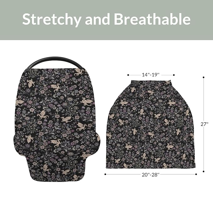 Fantasy Floral Dragons Car Seat Cover for Baby Fairytale Dragon Gothic Black Purple Flowers Stretchy 5-in-1 Cover Adjustable Car Canopy Breastfeeding Cover Fantasy Animal Breathable Nursing Cover-Up