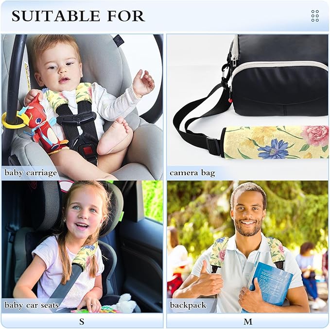 Car Seat Belt Pads 2 Pack Soft Backpack Shoulder Strap Pad Cover for Adults and Kids M Florals Carnation Delphinium Flower Yellow