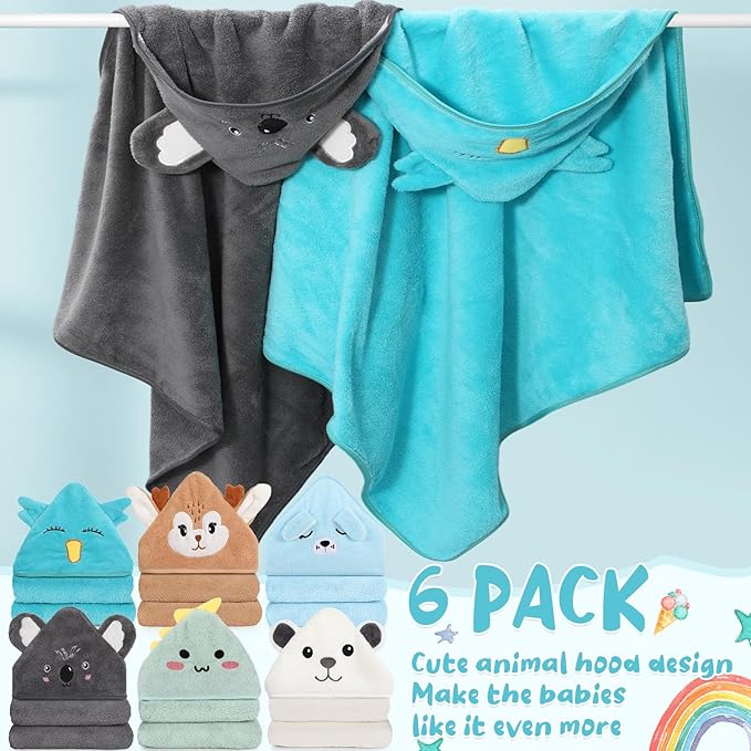 SmoothNovelty 6 Pack Baby Hooded Towels Infants and Toddlers Coral Fleece Baby Bath Towels 31.5 x 31.5 Inch Absorbent Cute Soft Newborn Bath Essentials Gifts for Boys & Girls(Multicolor,Elegant)