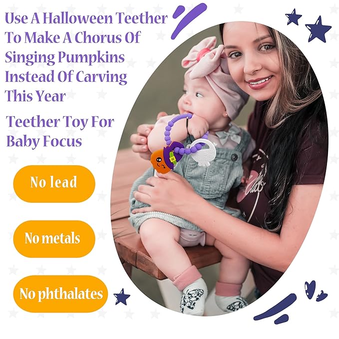 Big Spinach Pumpkin Teether Cute Ghouls Ring Teething Toy and Blind Box Silicone Baby Teether Toy,Girl or Boy Halloween Teether(2PC)