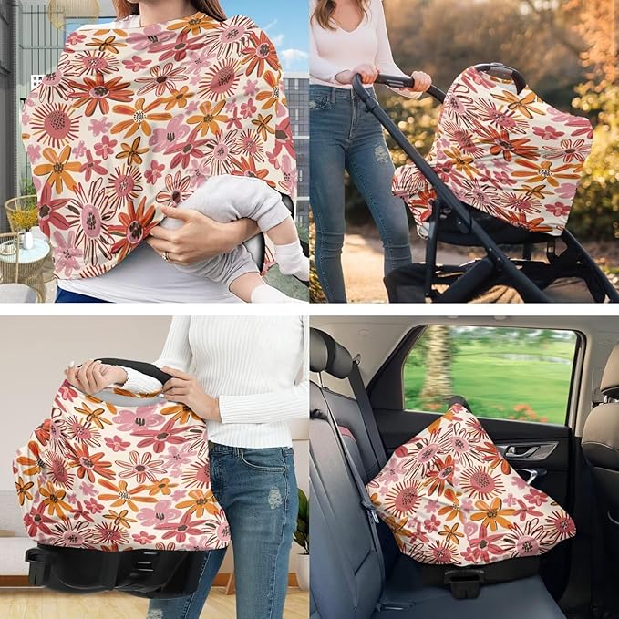 Hippie Floral Blossoms Car Seat Cover and U Shaped Pillow Cover Set of 2 Piece Strechy 5-in-1 Adjustable Car Canopy Breastfeeding Covers Nursery Breathable Nursing Cover-Up