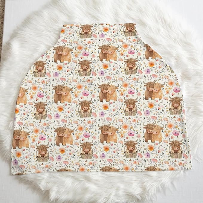 5-in-1 Unisex Highland Cow Pattern Baby Carseat Stroller Cover for Boys Girls, Western Farm Cow Flowers Floral Infant Toddler Privacy Nursing Breastfeeding Canopy, Grocery Shopping Cart Cover-24x28