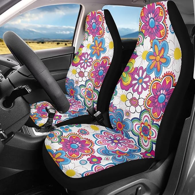 Colorful Hippie Flower Car Seat Covers Set of 2 Waterproof Universal Vehicle Front Seats Interior Protector Easy to Install Interior Protection Suitable Fits Most Car Auto SUV Sedan Truck