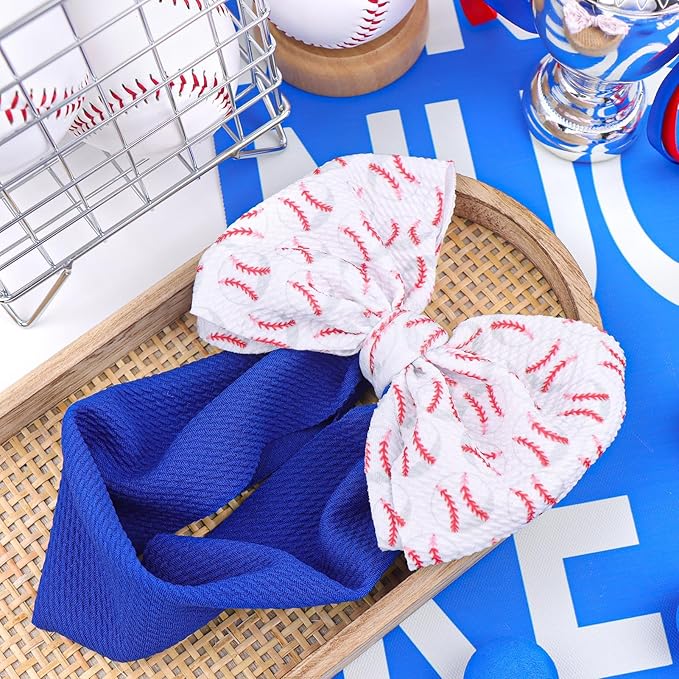 YanJie 7" Large Baseball Tied Bow Headbands for Baby Girls Sports Bow Big Bows Infant Wide Hairbands Blue Game Day Hair Accessories for Baseball Outfit