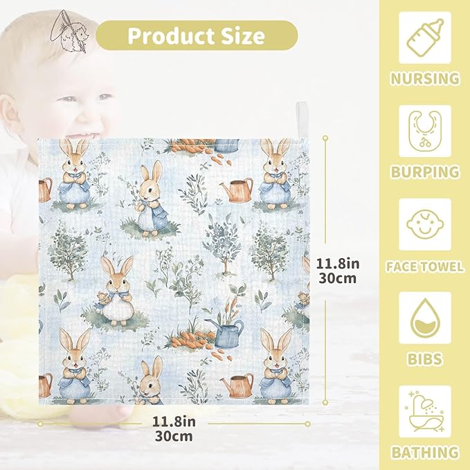 vvfelixl Baby Muslin Washcloths Peter Bunny Friend Baby Burp Cloths Cotton Babys Face Towel for Infants Soft 11.8 X 11.8 in, 3 Pack
