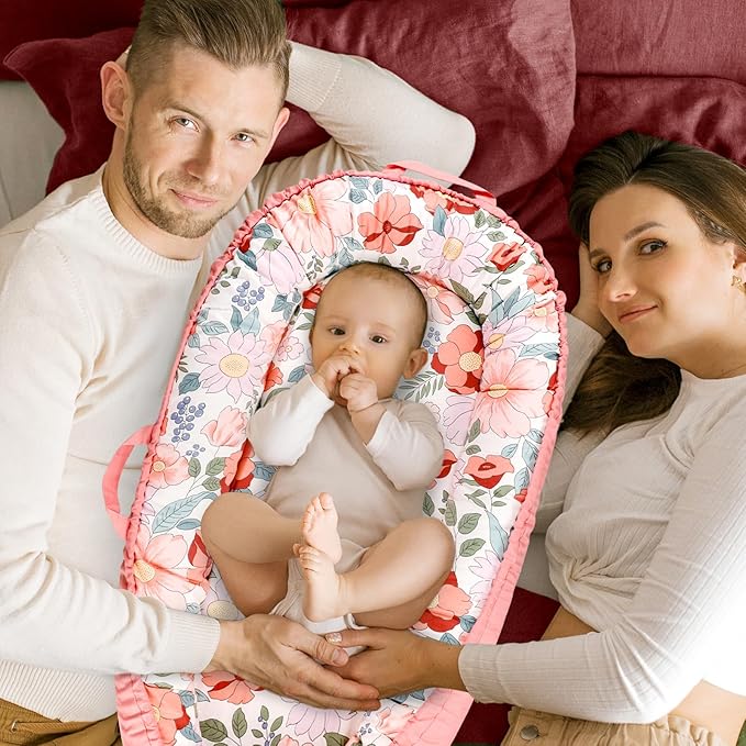 Baby Lounger Cover Girls, Cotton Newborn Nest Cover, Infant Lounger Replaceable Cover, Soft & Breathable, Reversible & Adjustable, Floral (Cover Only)