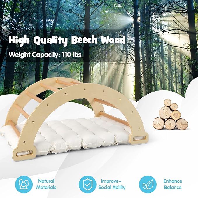 INFANS Wooden Arch Climber Rocker with Soft Cushion, 4 in 1 Montessori Climbing Ladder Toys for Toddlers, Waldorf Indoor Baby Children Ladder Gym Learning Playset Gift for Kids Boys Girls