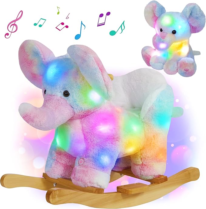 Glow Guards Light up Musical Elephant Baby Rocking Horse, Rainbow Elephant Rocker Set of 2 with Elephant Stuffed Animal, Stuffed Plush Ride-on Rocking Animal for Toddlers Baby Girl Ages 1-3