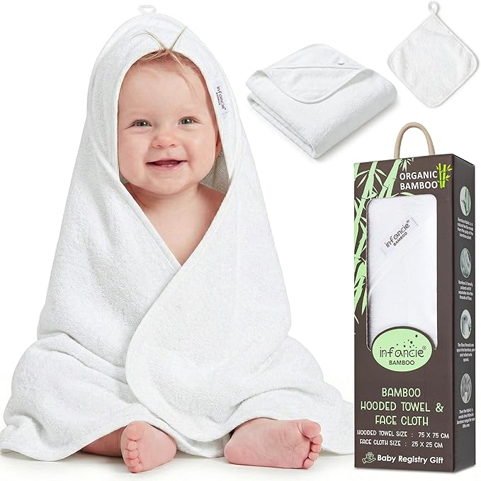 Organic Bamboo Hooded Baby Towels with Washcloths – 1 Hooded Towel (30x30 inches) & 1 Washcloth (10x10 inches) – Ultra Soft, Absorbent & Cozy Bath Towels Set for Newborns and Infants