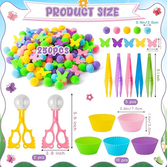 EZdhuawuse Spring Butterfly Sensory Bin Fillers - 268Pcs Easter Butterfly Fine Motor Skills Toys Color Counting Sorting Set for Kids, Felt Decor Pom Poms Cup Clip for Preschool Education Activities