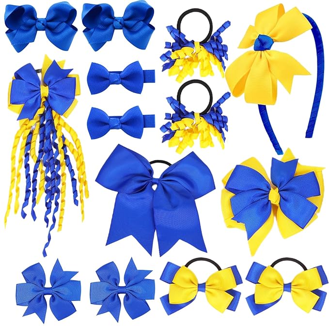 School Hair Accessories Set 14 Pcs Uniform Hair Bow Headband Clips Hair Ties Curly Korker Bows for Little Toddler School Girls (Blue Yellow)