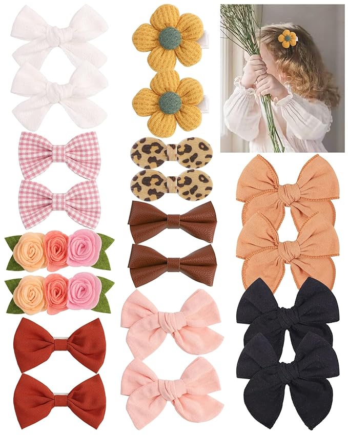 doboi Baby Girl Hair Clips 20PCS Baby Girl Bows Flower Cotton Prints Hair Accessories Fully Lined Alligator Hair Clips for Girls Toddler Kids