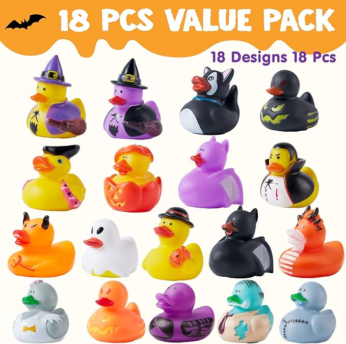JOYIN 18 PCS Halloween Rubber Ducks, Halloween Ducks for Halloween Goodie Bag Fillers, Rubber Duckies Baby Bath Toys for Halloween Party Favors Decorations, School Classroom Game Prizes