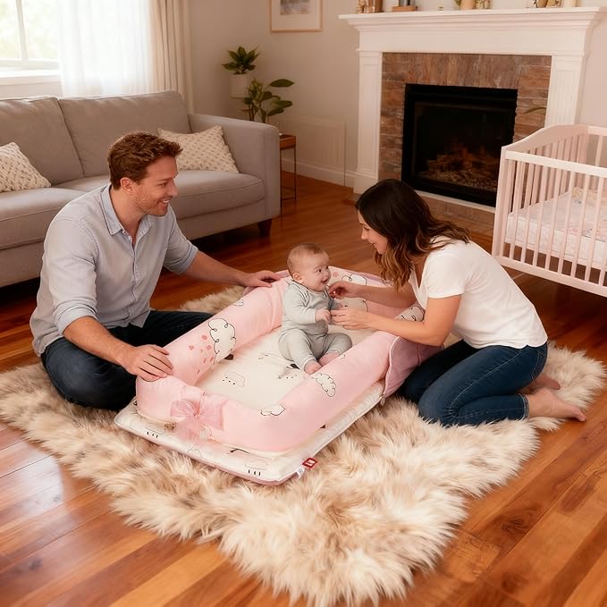 Baby Lounger for Newborn-Portable Baby Lounger 0-24 Months for Home and Travel,Newborn Loungers with Strap, Baby Nest Lounger Adjustable Size,Raindrop Clouds