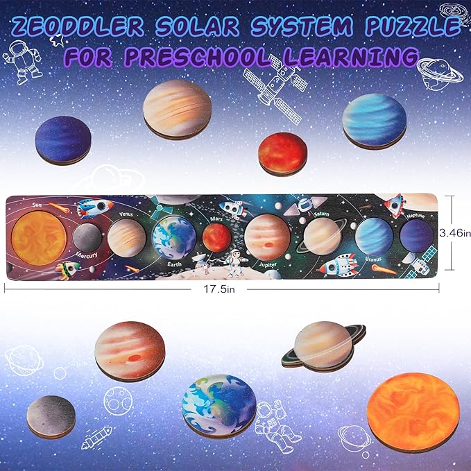 Zeoddler Solar System Toys for Kids 3-6, Wooden Space Puzzle, Planets for Kids, Preschool Learning Activities, Gift for Boys, Girls