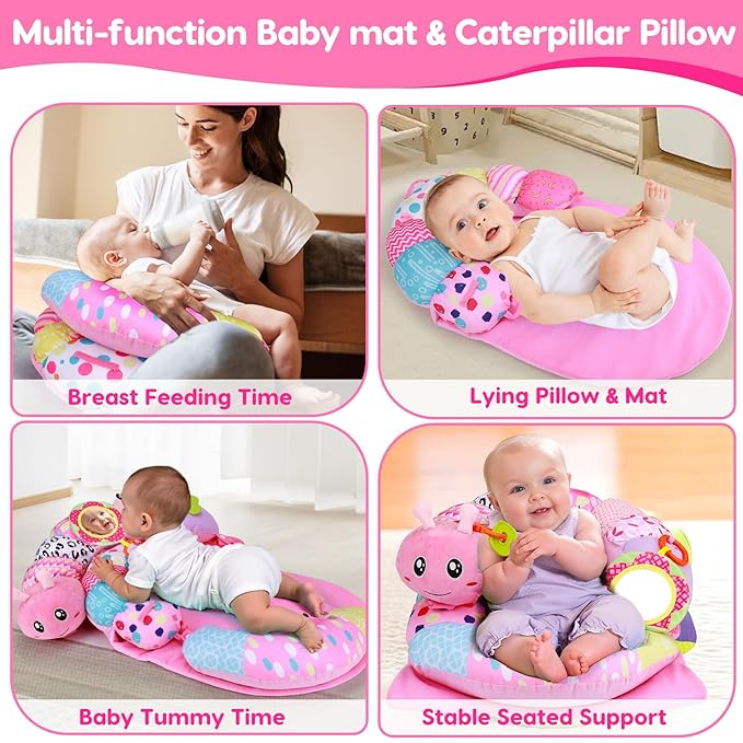 2 in 1 Baby Tummy Time Mat & Support Seated Pillow Infant Newborn Toys 0 1 2 3 4 5 6 Months Pink Caterpillar Sensory Developmental Playmat 0-6 3-6 12 Month Mirror Babies Girls Shower Easter Gifts