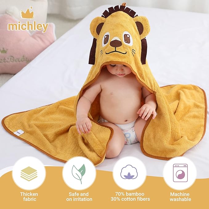 MICHLEY Bamboo Viscose Baby Hooded Bath Towel for 0-5 Years Boys and Girls, 29.5 x 39.5 Inch Ultra-Soft and Quick-drying Infant Bath(Lion)