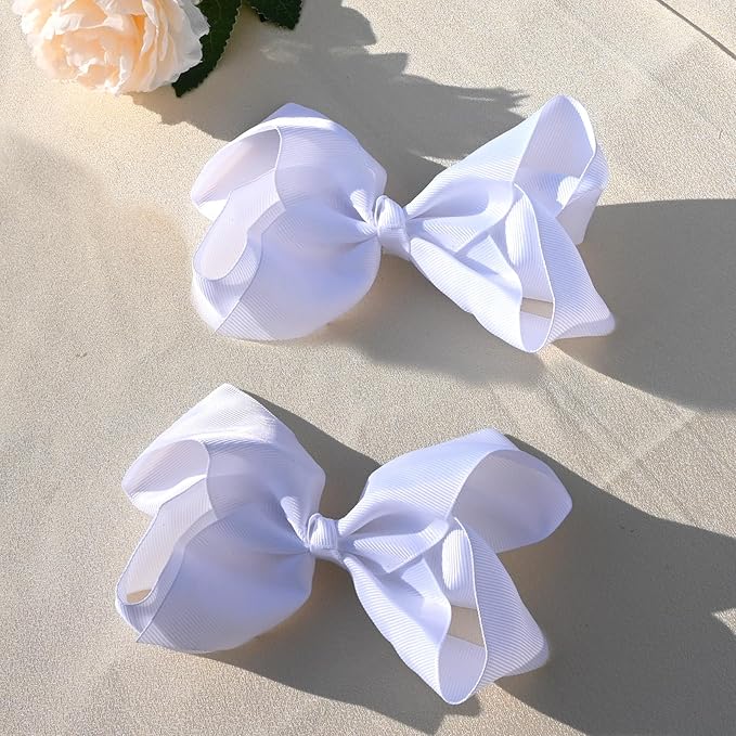 6 PCS 6" Hair Bows for Girls Alligator Clips Grosgrain Ribbon Solid Color Hair Accessories Toddler Bows for Girls Kids(White, 6 Count)