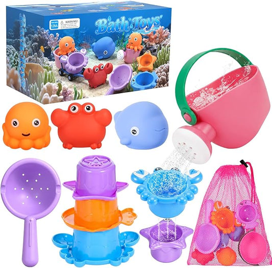 9 PCS Baby Bath Toys for Kids Ages 1-3, Mold Free Toddler Bath Toys for 2-4 with 3 No Hole Ocean Sea Animals and Storage Bag, Bathtub Beach Sand Water Table Toys for 1 2 3 Years Old Girls Boys Gifts