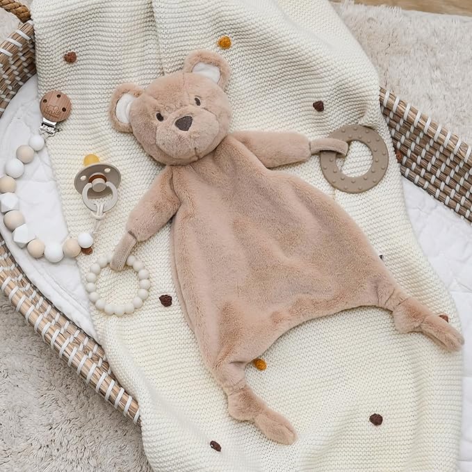 Loveys for Babies, Lovey Including Teether, Soft Stuffed Animals Security Blanket, Baby Snuggle Toy, for Newborn Boys and Girls(Bear)