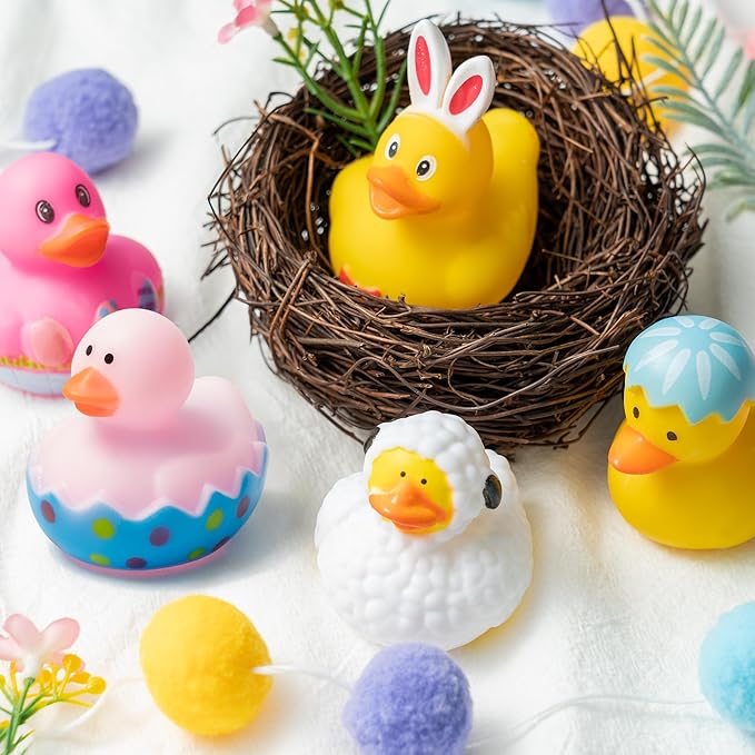 Haooryx Easter Rubber Duckies Toys - 20Pcs Novelty Yellow Rubber Duck Bunny Bathtub Toys Baby Shower Float Ducky Carnival Pinata Filler School Reward Easter Basket Stuffing Multi-Item Party Favor Pack