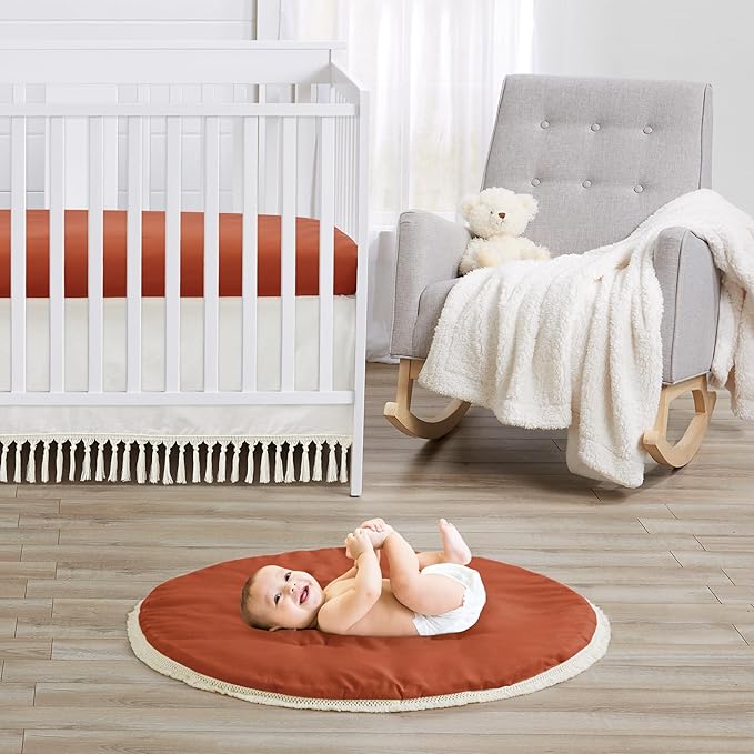Sweet Jojo Designs Orange Boho Bohemian Boy Girl Baby Play Mat Tummy Time Activity Infant Playmat Playpen Teepee Floor Burnt Rust Ivory Off White Farmhouse Shabby Chic Designer Modern Tassel Fringe