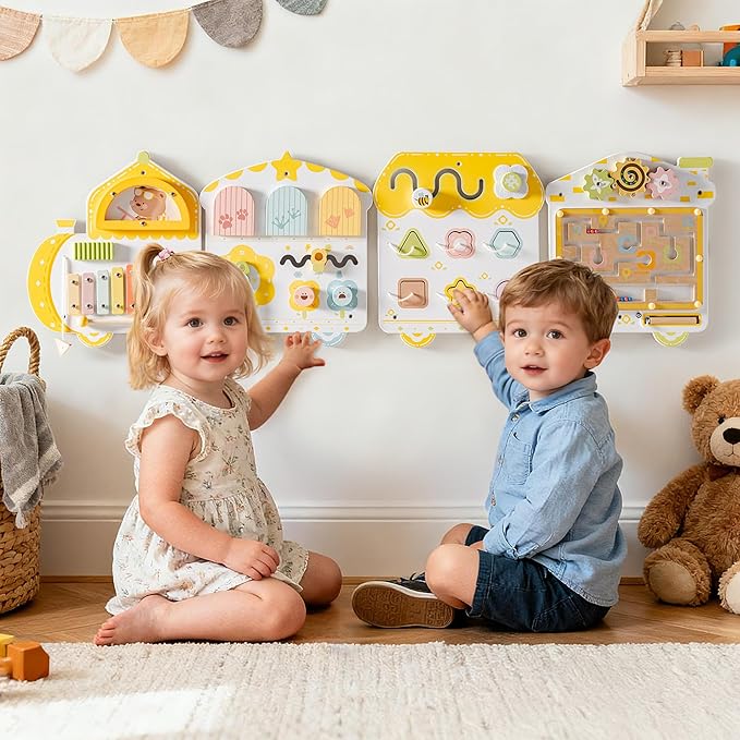 ROBUD Activity Wall Busy Board, Spring Train Montessori Busy Board, 12-in-1 Wooden Sensory Wall Panel, Montessori Sensory Wall Panel for Boys & Girls, Ideal for Toddler Playroom Nursery Classroom