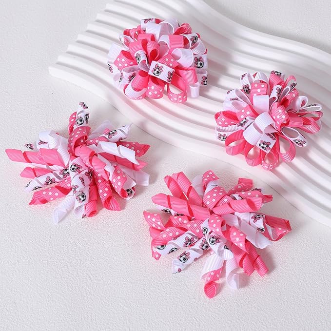 Soccer Korker Cheer Bows Hair Clips Girls 4pc Cute Pink & White Football Sport Curly Corker Ribbon Alligator Barrettes Game Day Accessories Soccer Moms Kids Player Birthday Gift