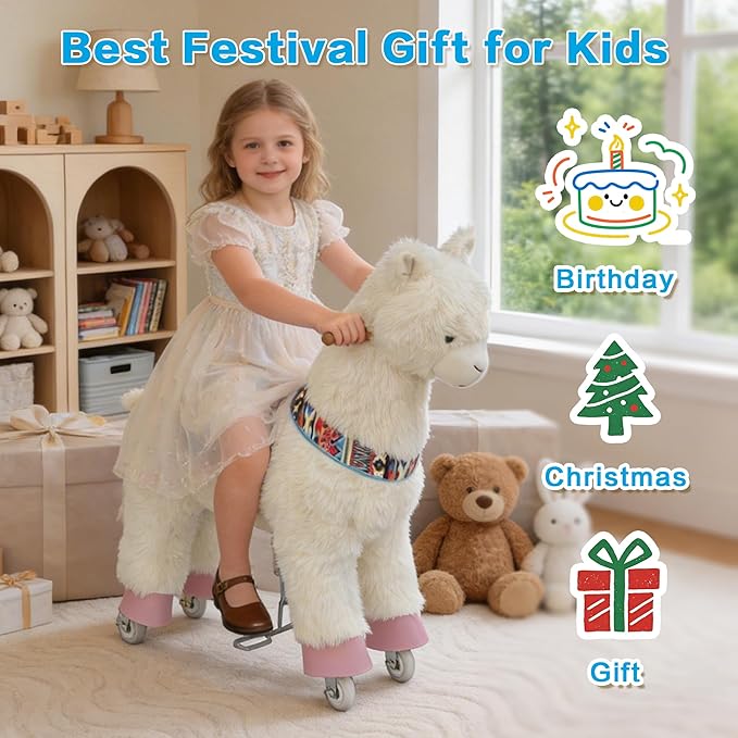 Ride on Alpaca Toys for Kids, Ride on Toy for 4 to 9 Years Old, 36.6'' Height Riding Horse Rider Mechanical Walking Action Plush Animal, No Battery or Electricity, Max Load 165LBS - White
