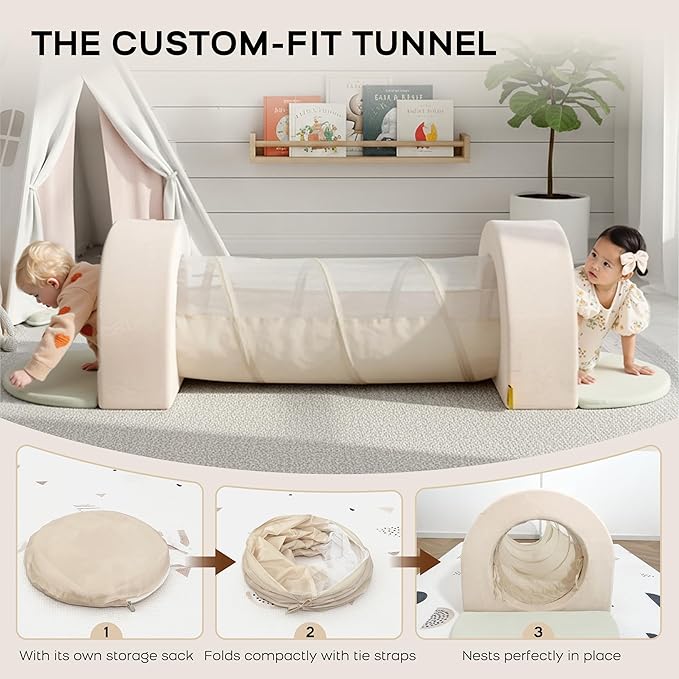 BanaSuper 8-Piece Climbing Toys with Play Tunnel for Toddlers, Crawl Through Tunnel & Kids Foam Blocks Playset with Arch, Ramp, Toddler Indoor Soft Play Gym Activity Play Set for Crawling and Playing